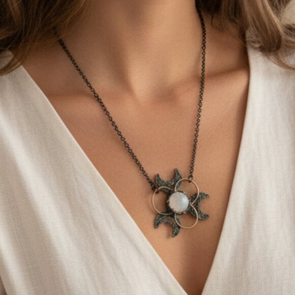 🆕️ Boho Chic Quartz Crescent Moon Bronze Finish Handcrafted Copper Necklace - Picture 3 of 11